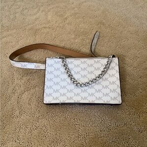 Michael Kors White and Tan Crossbody Bag with Silver Chain